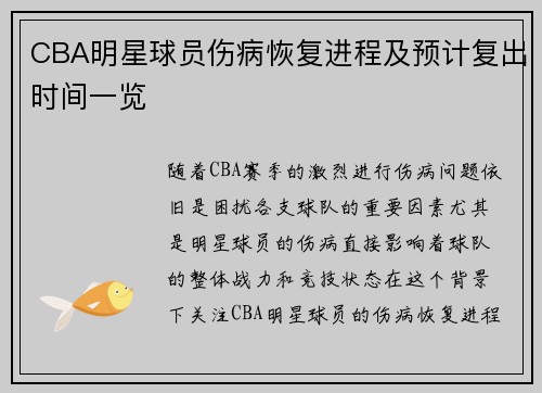 CBA明星球员伤病恢复进程及预计复出时间一览
